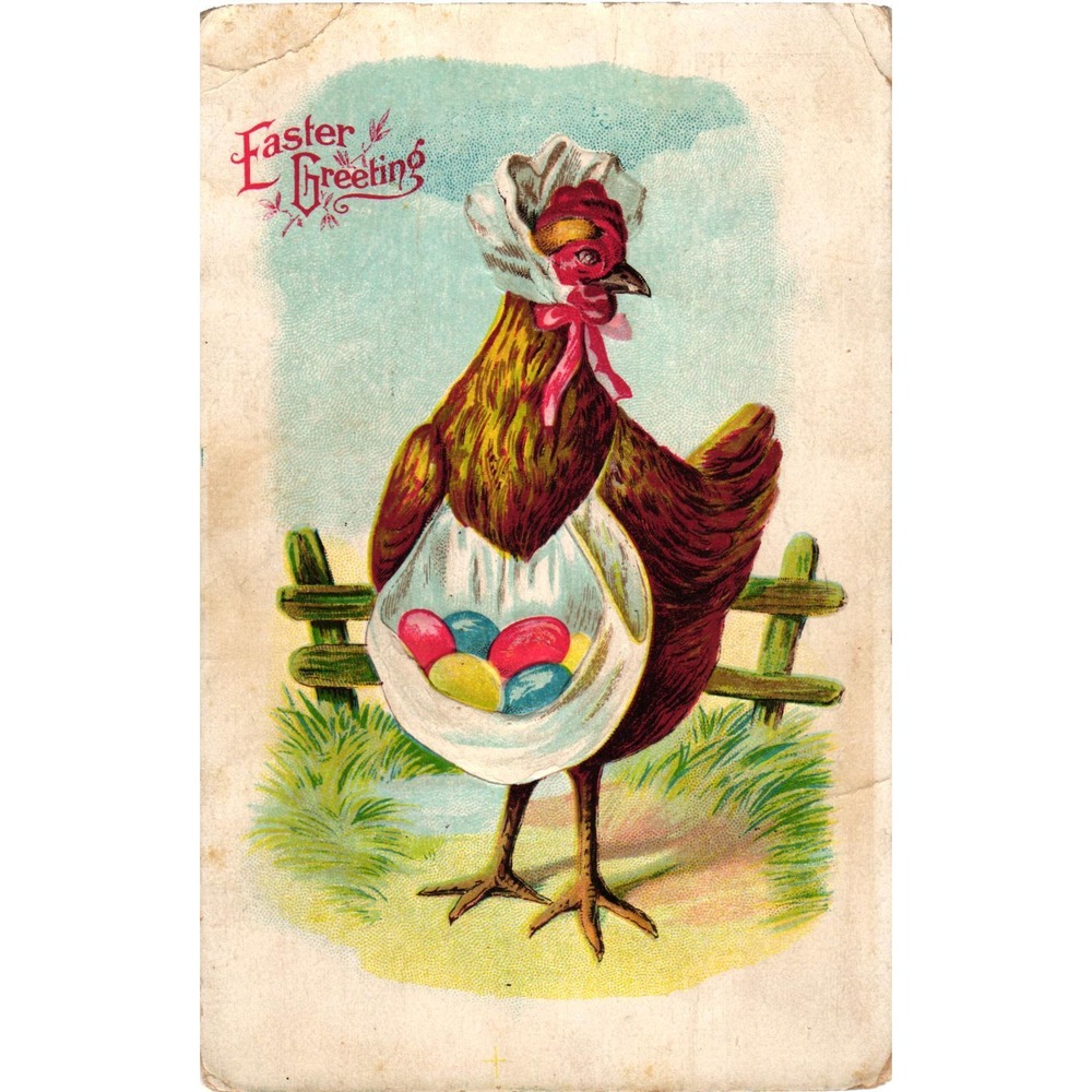 Vintage Easter Greeting Postcard Hen Bonnet Eggs Embossed E Series 1 12
